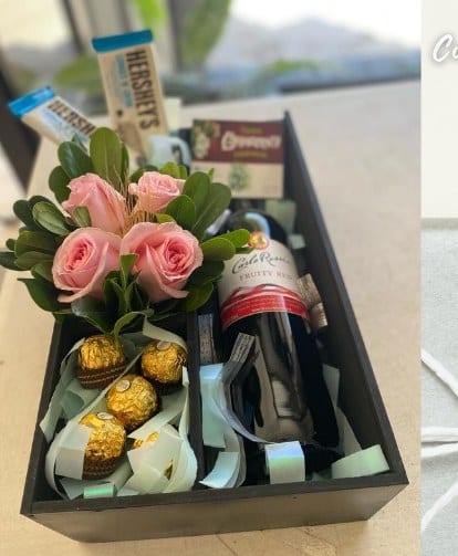 Caja con vino, rosas, chocolates y ferrero — arreglo floral Florería Casablanca Torreón